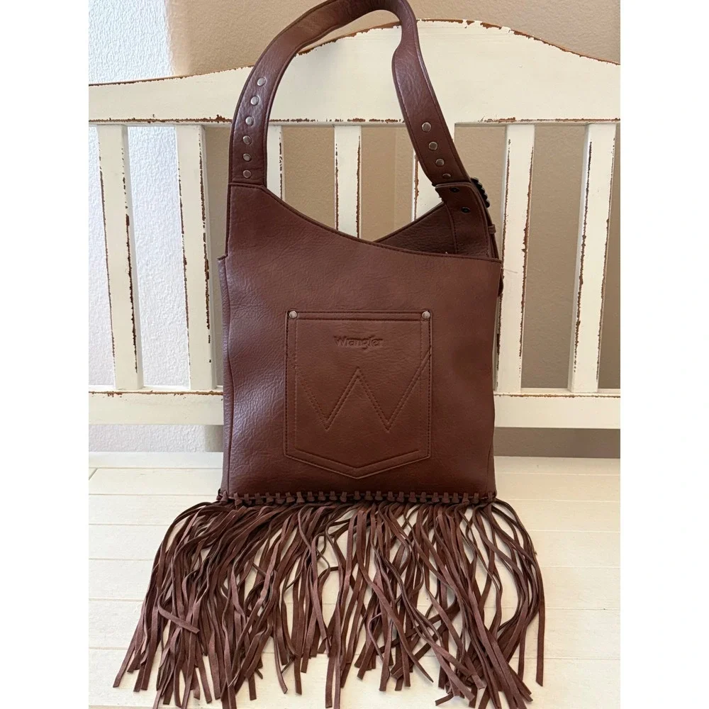 Wrangler Montana West Brown Fringe Hobo Bag Turquoise Concho S-WG61-918 NEW